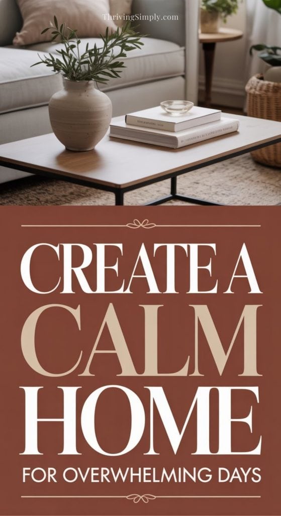 A cozy living room with a neutral sofa, a coffee table holding a plant and decor, and the text: How to Make Your Home Calm for Overwhelming Life in large white and beige letters.