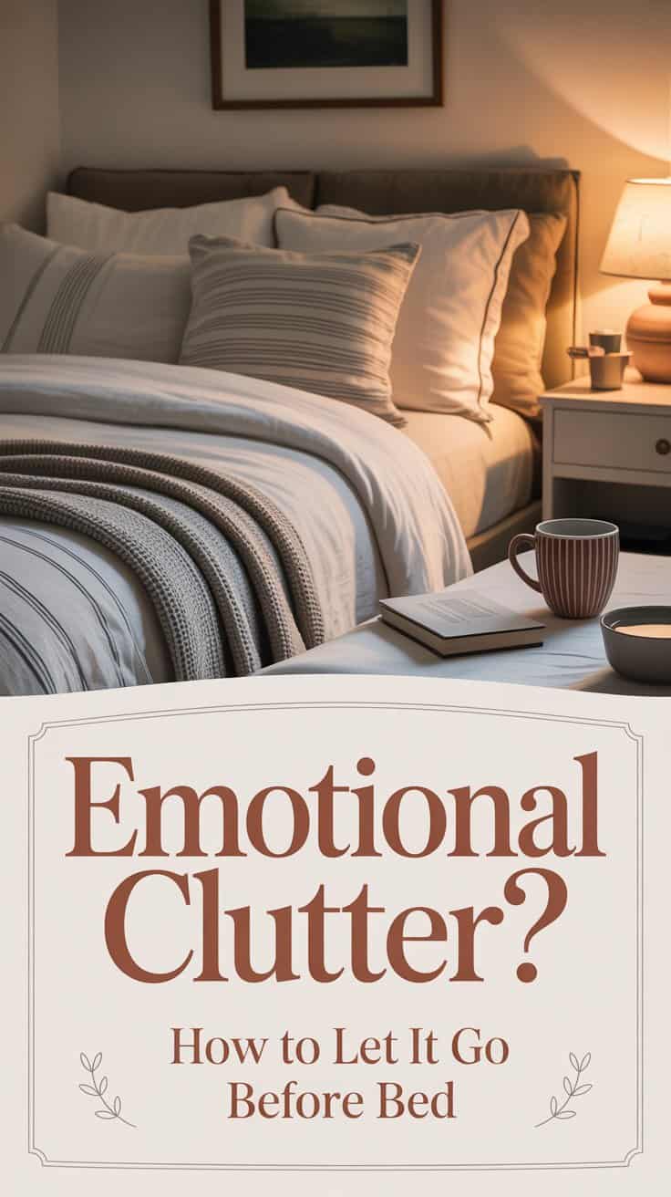 A cozy, neatly made bed with striped blankets, pillows, a lamp, books, and a mug on the bedside table. Text overlay reads: “Emotional Clutter? Tips for Letting Go of Emotional Clutter Before Bed.”.