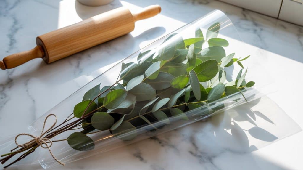 A bouquet of green eucalyptus branches wrapped in clear plastic and tied with twine rests on a marble countertop next to a wooden rolling pin in sunlight—perfect for a spa-like upgrade if you hang eucalyptus in the shower.