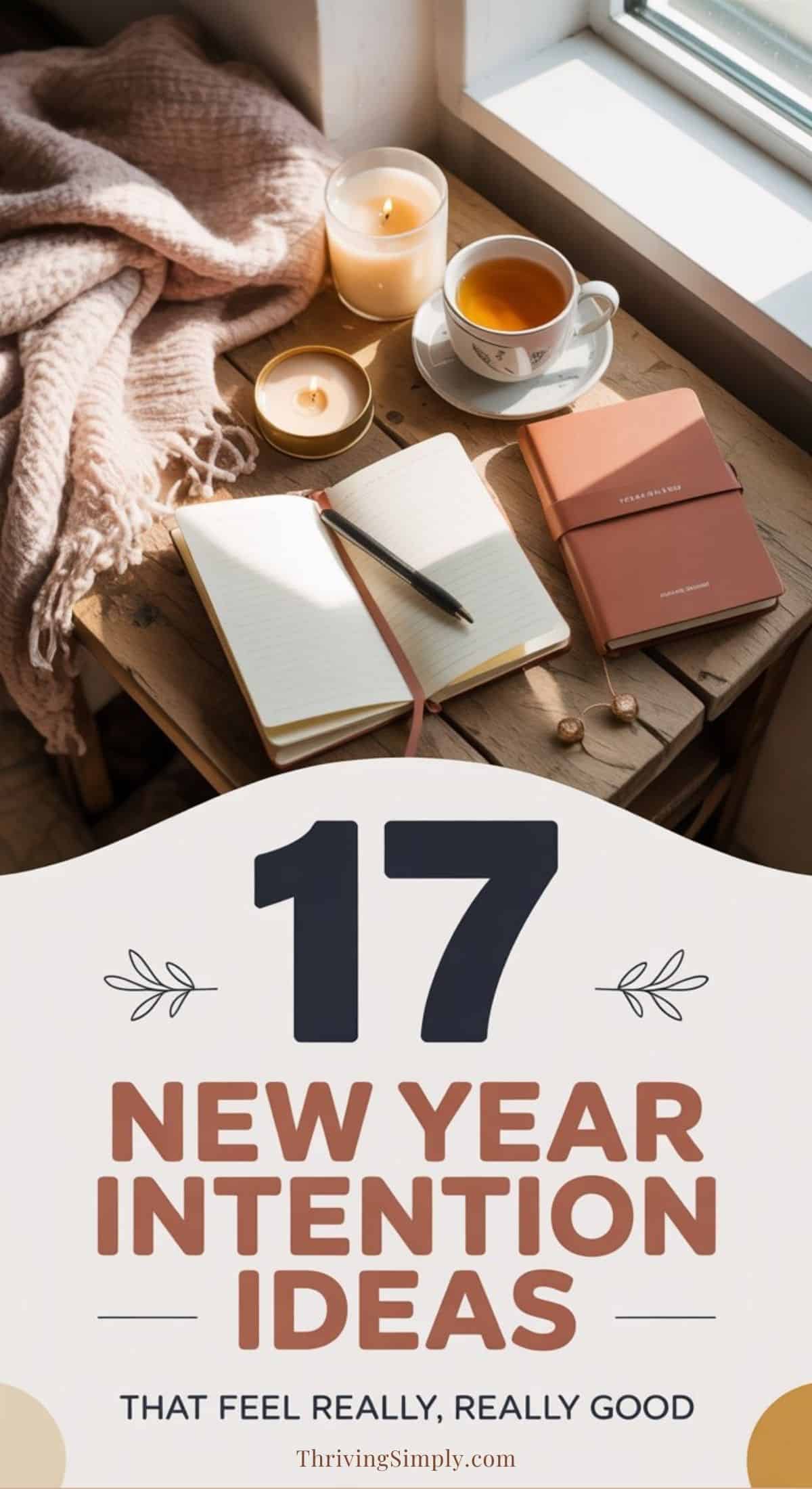 A cozy scene with a notebook, a pen, a cup of tea, and a blanket on a wooden table by the window, with text: “17 New Year intention ideas for a fresh start that feel really, really good.”.