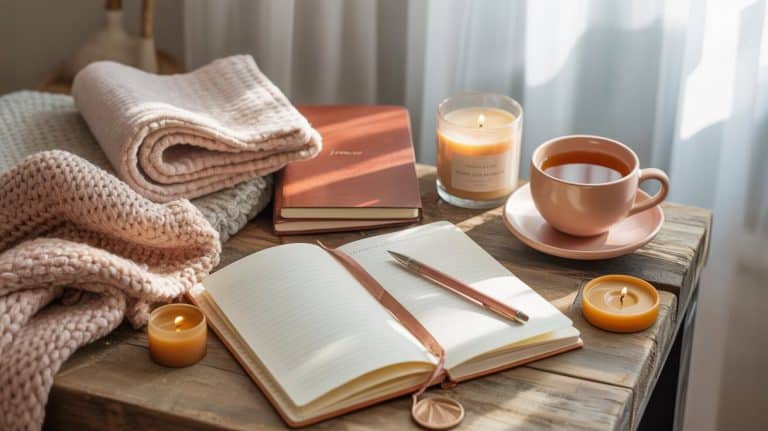 A cozy scene with an open notebook for New Year intention ideas, pen, blanket, candles, a cup of tea, and a closed journal on a wooden table by a sunlit window—inviting a fresh start.