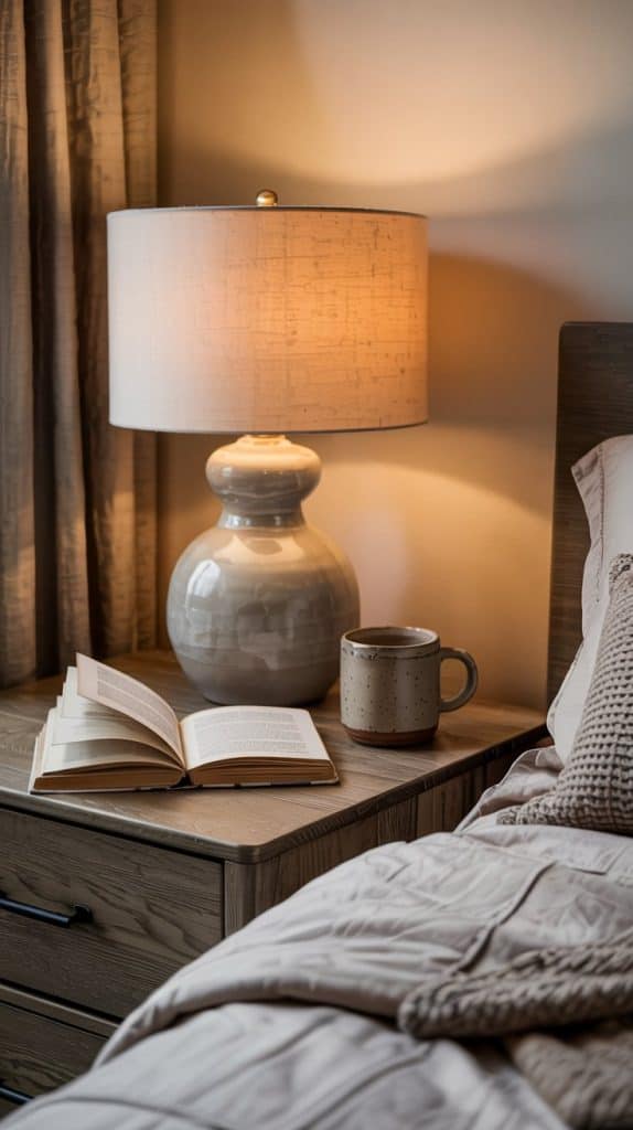 A cozy bedside scene with a lit ceramic lamp, an open book, and a mug on a wooden nightstand next to a neatly made bed with textured bedding—perfect inspiration for calm bedrooms that promote restful sleep. Warm, soft lighting creates a serene atmosphere.