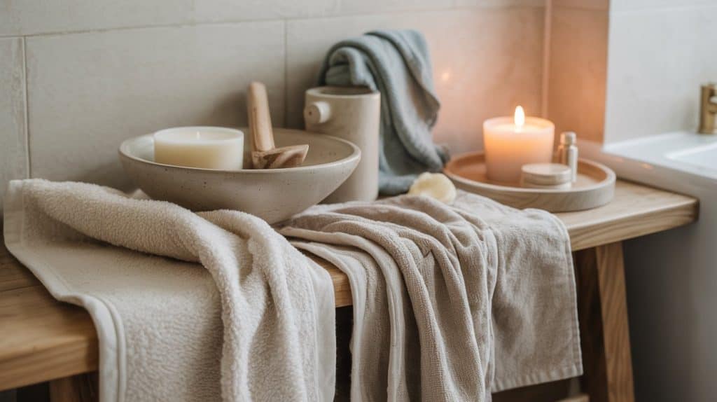 A cozy bathroom scene invites you to a calming ritual, featuring soft beige towels on a wooden bench, candles and gentle essentials, all bathed in the warm glow of candlelight—perfect for your Gentle Everything Shower.