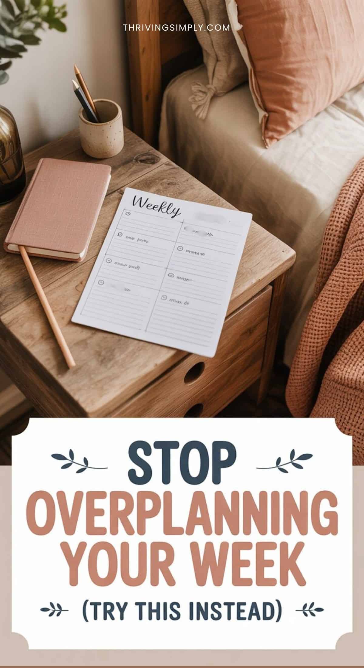 A weekly planner, notebook, and pencil sit on a wooden bedside table next to a bed with pink bedding. Text below reads: Stop overplanning your week—try this approach to weekly planning instead.