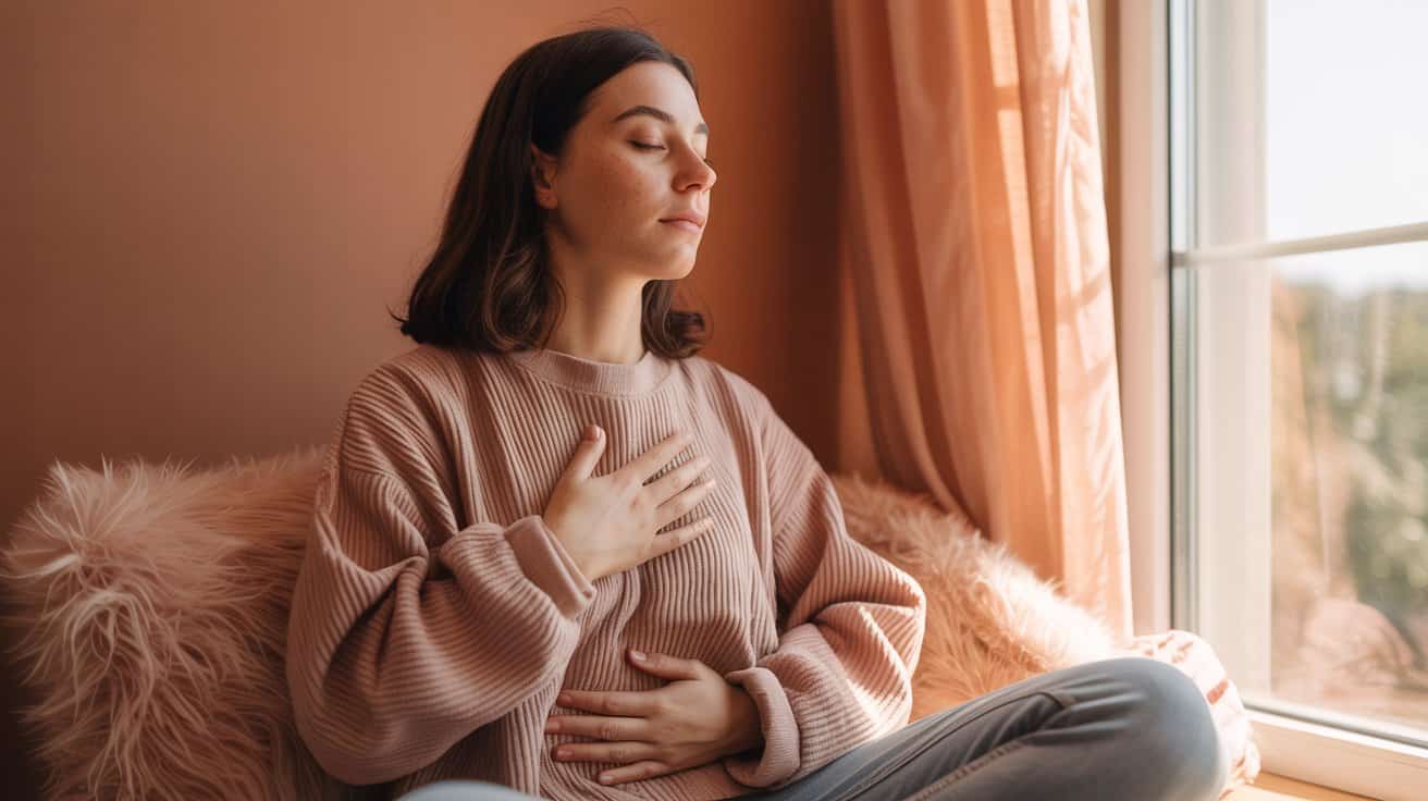 A woman sits cross-legged indoors by a window, eyes closed, calmly focused as she resets her nervous system—an ideal practice for overwhelming days—while sunlight streams through sheer curtains behind her.