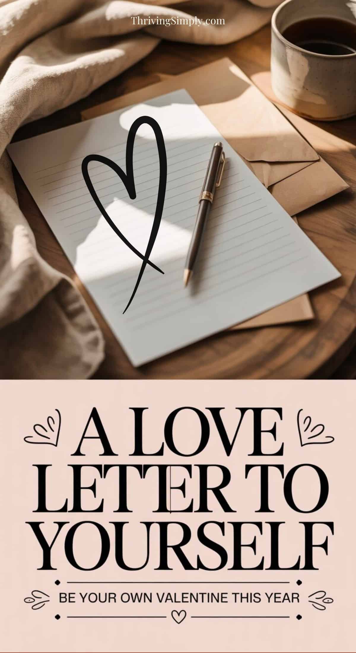 A cup of coffee, an open notebook with a pen and an envelope, with a large heart drawn on the page. Text reads: A LOVE LETTER TO YOURSELF. This Valentine’s Day, practice self-compassion—be your own valentine.