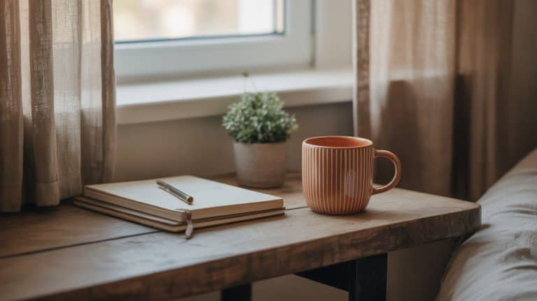 A ribbed ceramic mug, a notebook with a pen on top, and a small potted plant sit on a wooden table by a sunlit window with beige curtains, perfect for quiet morning rituals.