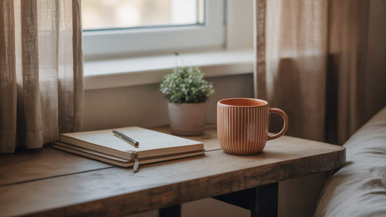 A ribbed ceramic mug, a notebook with a pen on top, and a small potted plant sit on a wooden table by a sunlit window with beige curtains, perfect for quiet morning rituals.