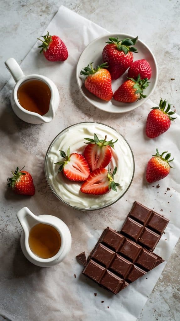 A bowl of whipped cream topped with sliced strawberry, surrounded by whole strawberries on a plate, dark chocolate squares, and two small pitchers of sauce on a light surface.