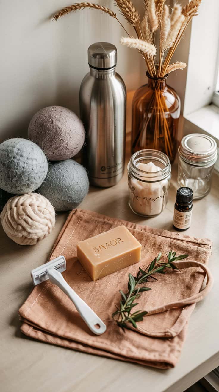 A collection of eco-friendly self-care items to support sustainable living, including a metal water bottle, reusable cotton balls, bar soap, a glass jar candle, essential oil, safety razor, fabric headband, and dried wheat in a brown vase.