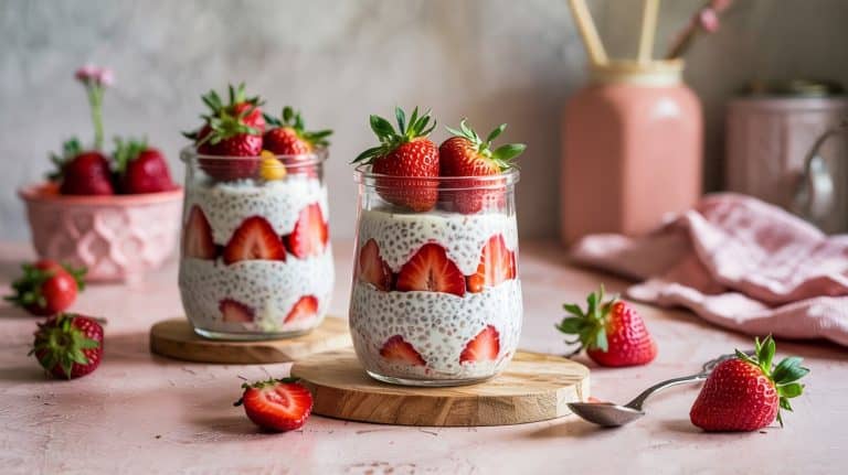 Two glass jars of Strawberry Chia Pudding, layered with sliced and whole strawberries, sit on wooden coasters atop a pink table, surrounded by fresh berries and kitchen decor—an irresistible clean eating dessert.