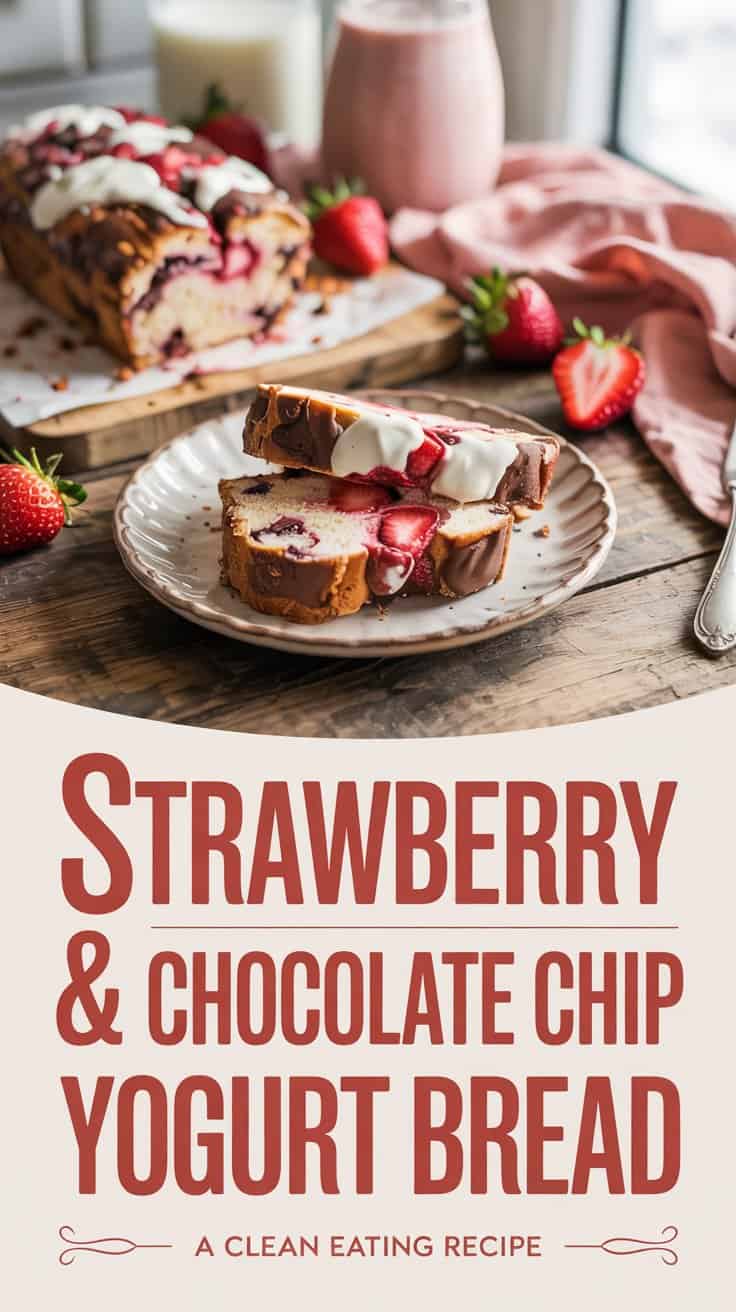 Sliced strawberry and chocolate chip Greek yogurt bread topped with yogurt and fresh strawberries on a plate, with a larger loaf, strawberries, and a pink napkin in the background. Text reads: Strawberry & Chocolate Chip Yogurt Bread.