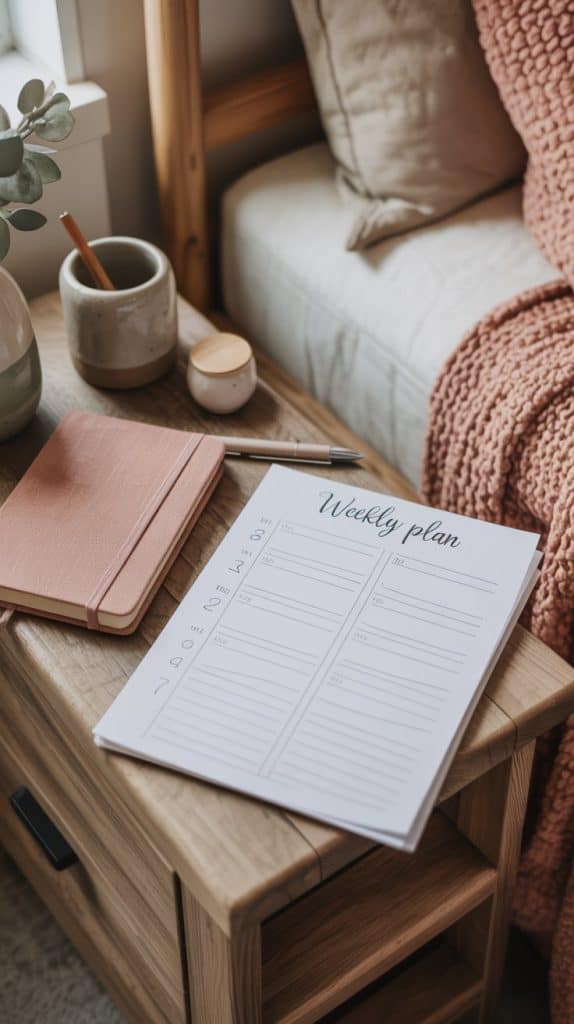 A weekly planner, pen, notebook, and small potted plant sit on a wooden bedside table next to a bed with a textured pink blanket in a cozy, softly lit room.