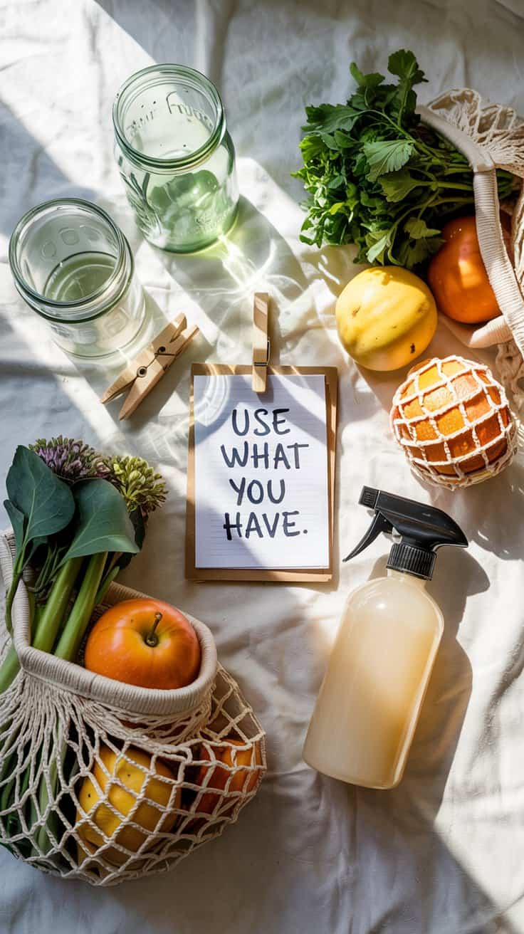 A flat lay of fresh fruits, vegetables, glass jars, a spray bottle, and a notepad with “USE WHAT YOU HAVE” written on it—all arranged on a sunlit cloth—captures eco-friendly habits that bring comfort while helping you save money.