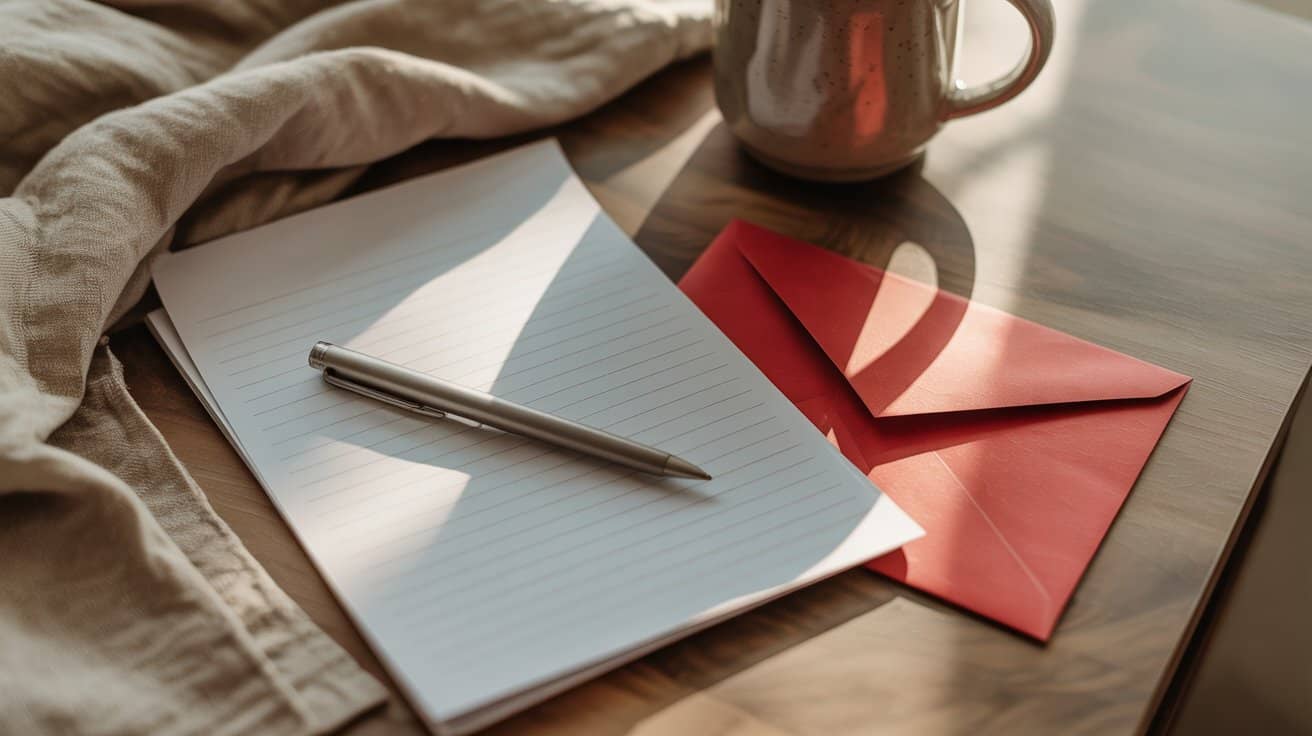A silver pen rests on a lined notepad next to a red Valentine’s Day envelope, a beige cloth, and a mug on a wooden surface with sunlight casting soft shadows.