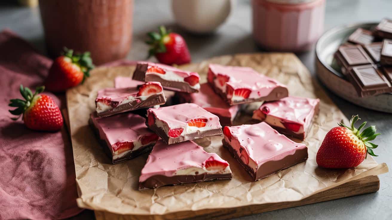 Squares of strawberry yogurt bark with a pink strawberry layer and chunks of fresh strawberries on top are arranged on brown parchment paper, with whole strawberries and a plate of dark chocolate in the background.