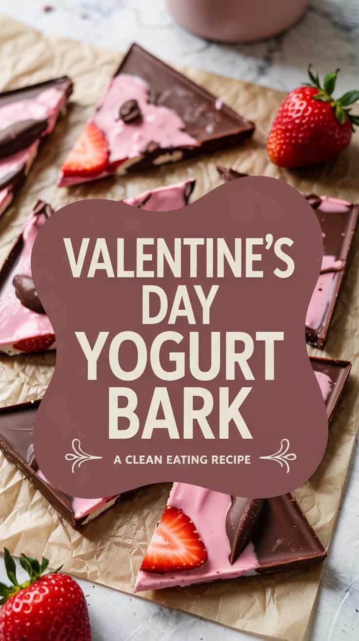 Valentine’s Day-themed Yogurt Bark topped with dark chocolate pieces and fresh strawberry slices on parchment paper, with a text overlay reading, “Valentine’s Day Yogurt Bark: A Clean Eating Recipe.”.