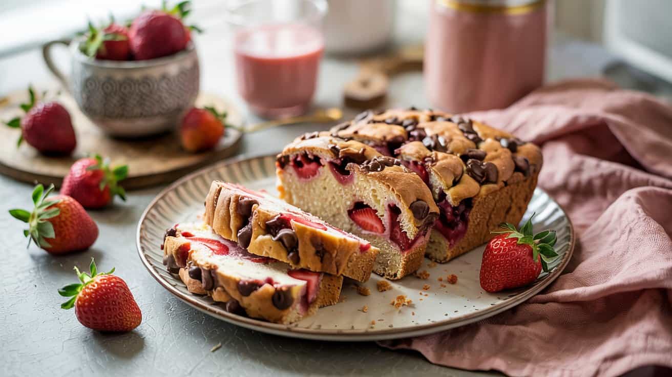 A loaf of Strawberry Greek Yogurt Bread with chocolate chips sits on a plate, two slices cut. Fresh strawberries and a glass of pink milk are nearby, with a pink napkin and a bowl of strawberries in the background.