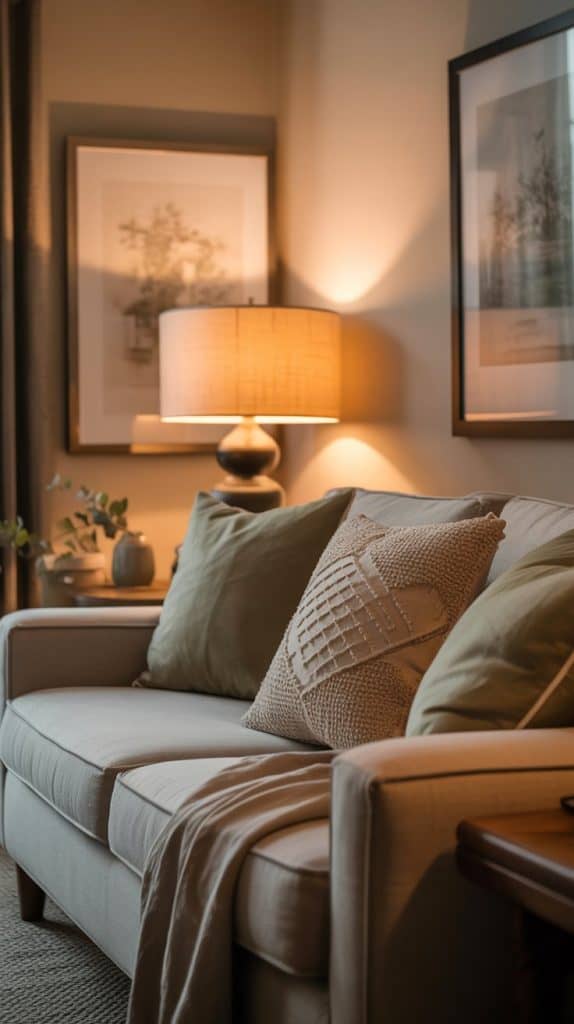 A cozy living room with a beige sofa, green and textured cushions, a soft throw blanket, and a lit table lamp creates a calm home atmosphere—framed art and a small plant on the side table add to the inviting sense of stress relief.