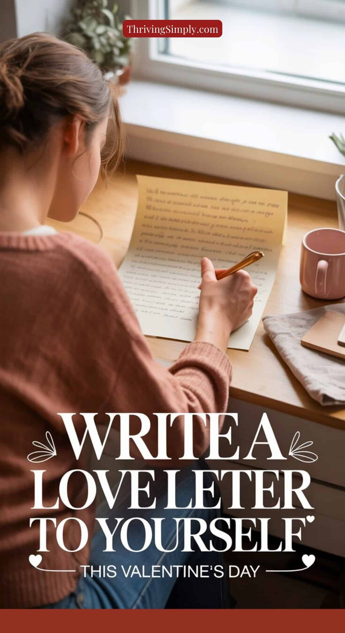 A woman sits at a desk by a window, writing a letter on yellow paper. The text reads, Write a love letter to yourself this Valentine’s season. A plant, mug, and notebook are on the desk, inviting you to practice self-compassion.