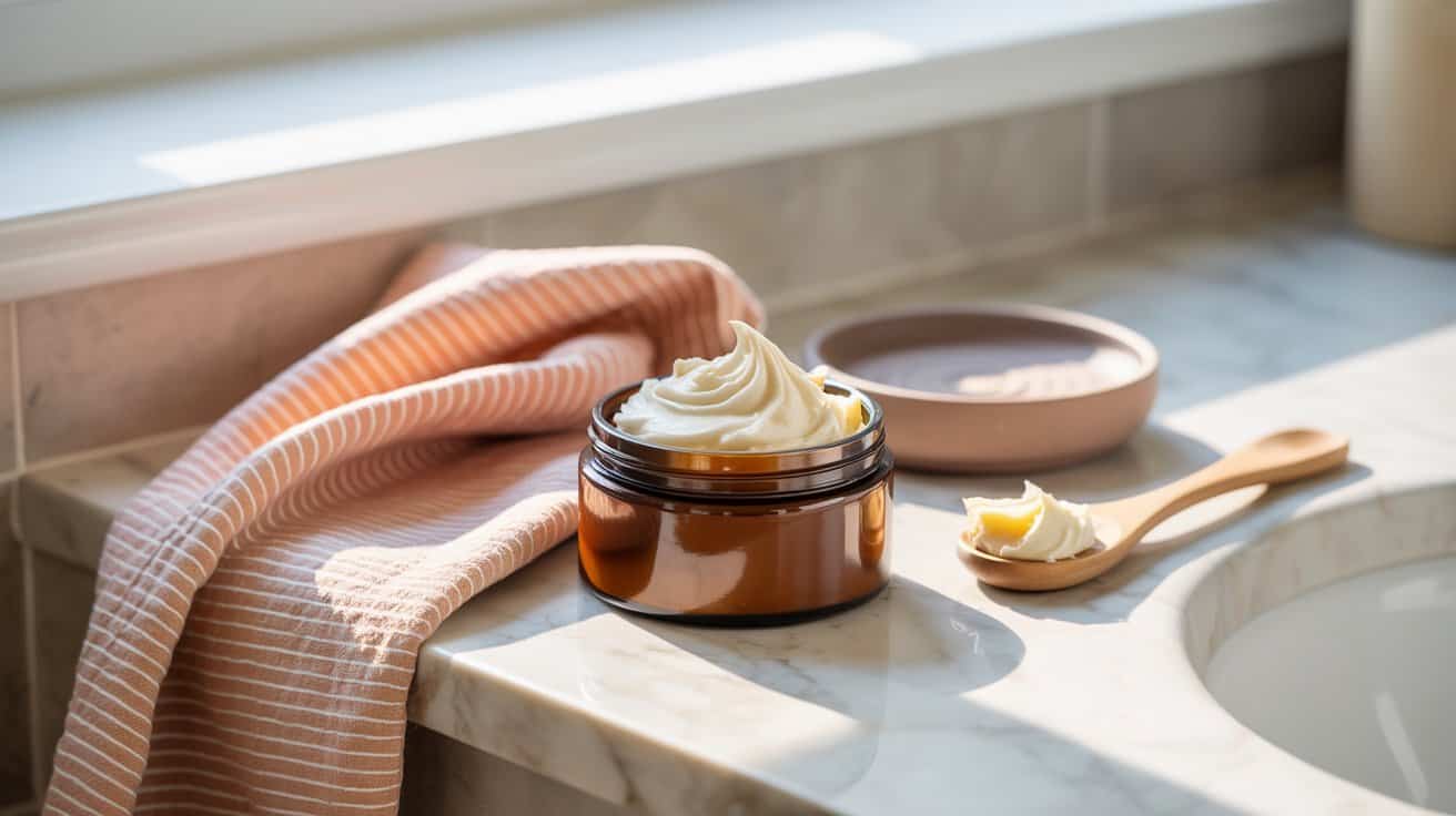 A brown glass jar of Nourishing Body Butter sits on a marble countertop next to a wooden spoon with cream, a pink dish, and a folded striped towel. Sunlight streams onto the minimalist scene near a window.