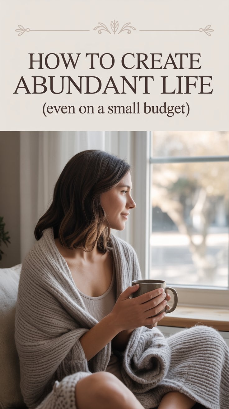 A woman wrapped in a cozy blanket sits by a window holding a mug, looking outside. Text above her reads, How to Create Abundant Life (even on a small budget) with an abundance mindset.