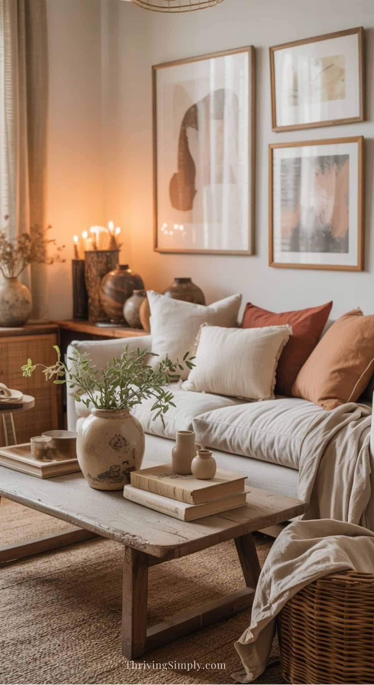 Cozy living room with neutral tones, earthy decor accents, a white sofa with earth-toned cushions, wooden coffee table with vases and books, warm candlelight, dried plants, and abstract art. Natural, inviting, and serene atmosphere.