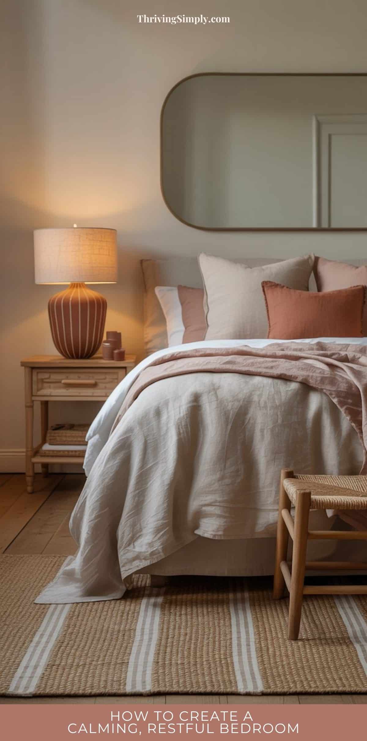 A cozy bedroom design with neutral tones, featuring a neatly made bed with blush and beige linens, a wooden nightstand with a lamp, decorative pillows, a woven bench, and a large oval mirror above the bed.
