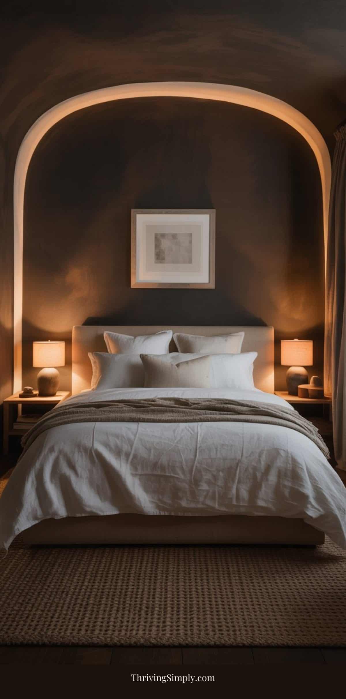 A cozy bedroom design with dark walls, a softly lit arched alcove, a bed with white linens and pillows, two bedside tables with lamps, and a framed picture above the headboard creates a perfect sleep environment.