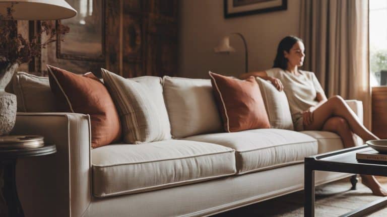 A woman sits on a cream-colored sofa with beige and rust-colored pillows in a warmly lit living room, enjoying the calm atmosphere that helps her maintain an abundance mindset and ease financial stress.