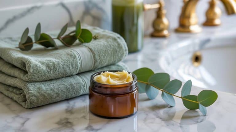 A brown glass jar of DIY eucalyptus body butter sits on a marble countertop near two folded green towels, eucalyptus leaves, and a brass faucet, creating a spa-like atmosphere in a bright bathroom setting.