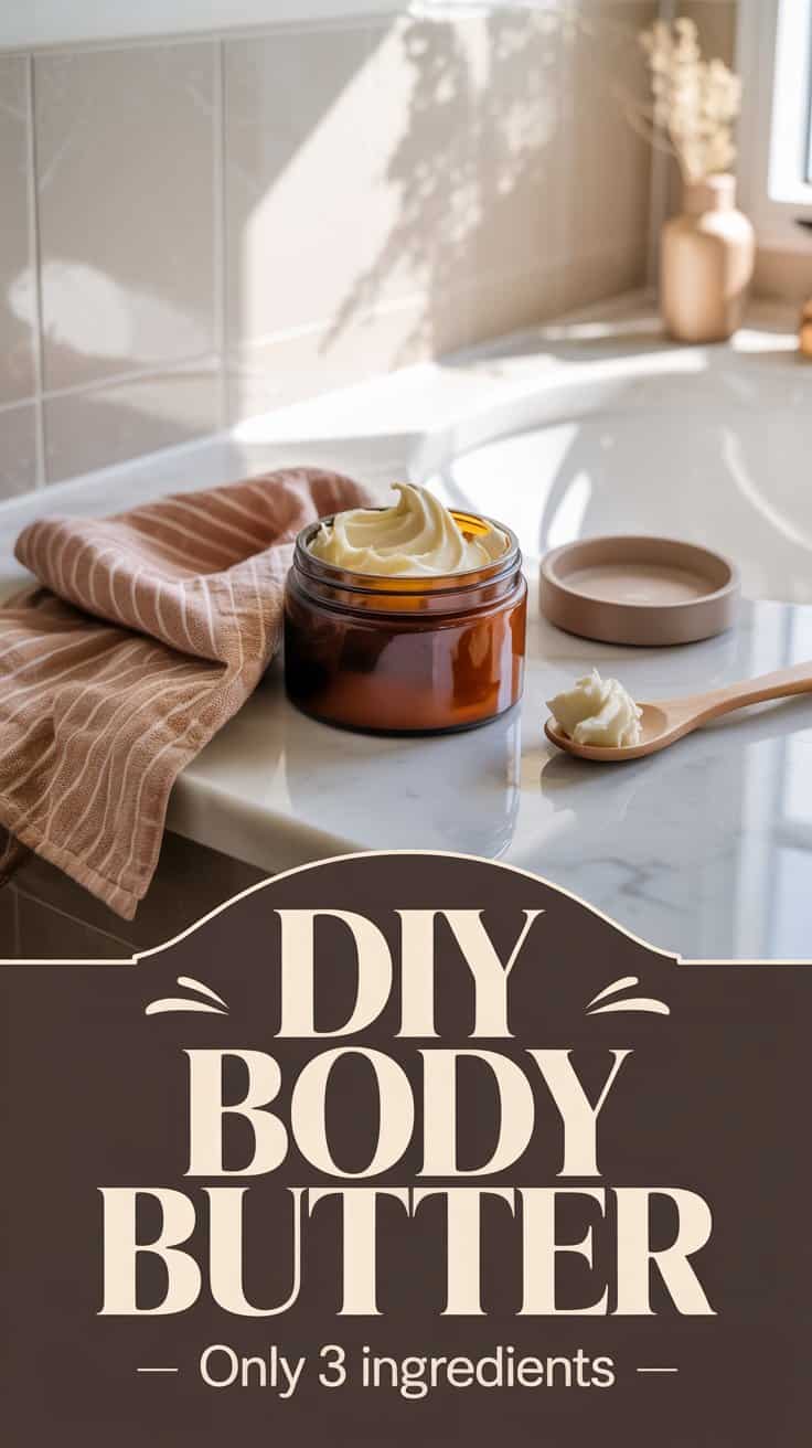 A glass jar of creamy Minimalist Body Butter sits on a bathroom counter beside a wooden spoon, a towel, and dried flowers. Text reads: DIY 3-Ingredient Body Butter – Only 3 ingredients.