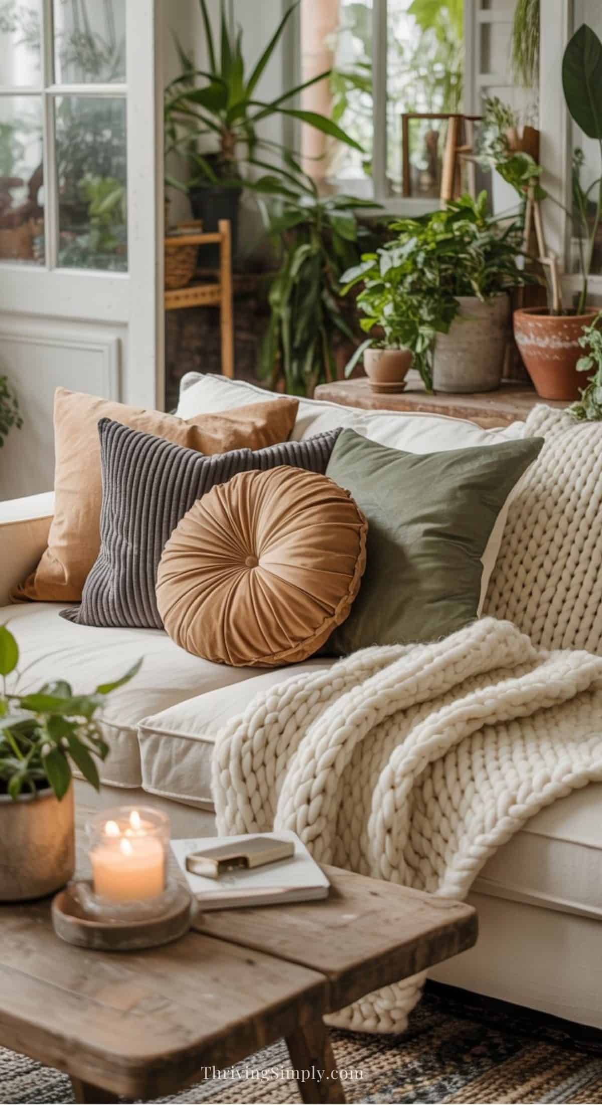 A cozy living room with a white sofa decorated with textured cushions and a chunky knit blanket, surrounded by potted plants. Earthy homes inspire this warm design idea—soften a space with natural textures, greenery, and candlelight.