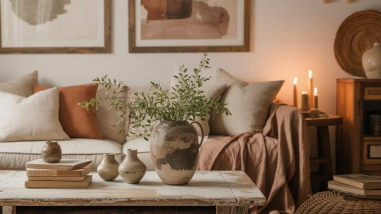 A cozy living room with neutral-toned cushions on a sofa, abstract art on the wall, candles glowing on a side table, and rustic pottery with greenery arranged on a wooden coffee table for effortless earthy decor.
