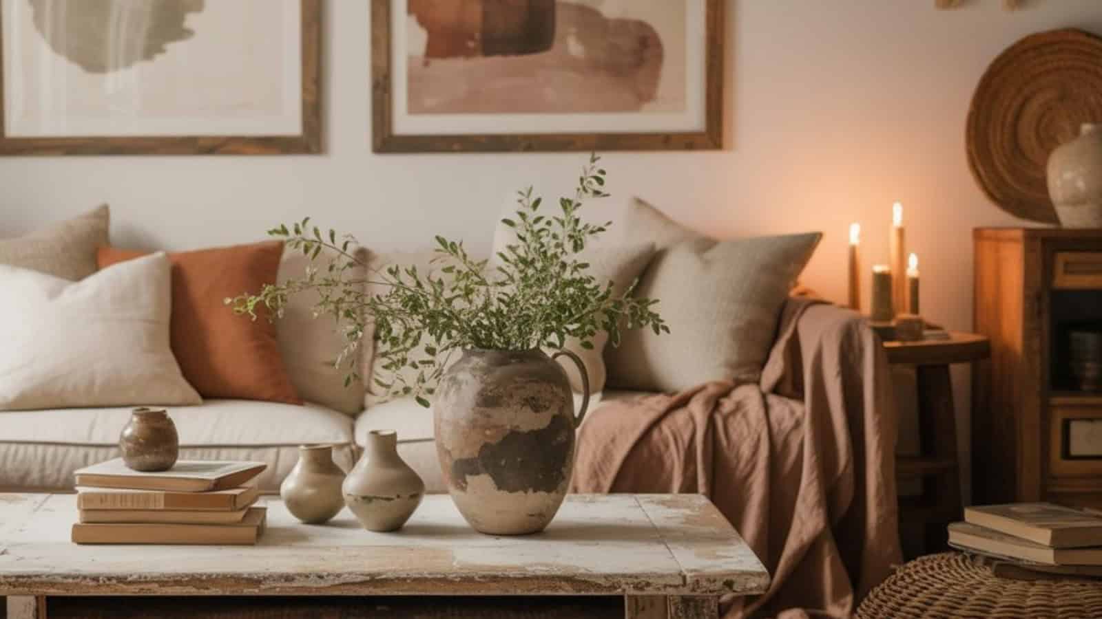 A cozy living room with neutral-toned cushions on a sofa, abstract art on the wall, candles glowing on a side table, and rustic pottery with greenery arranged on a wooden coffee table for effortless earthy decor.