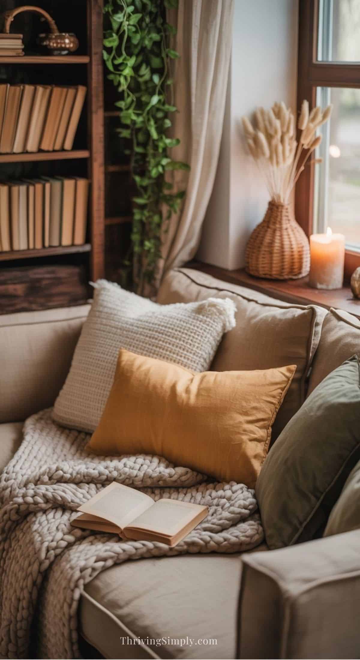 A cozy reading nook with a beige sofa, soft pillows, chunky knit blanket, and an open book. Earthy homes inspire the shelves of books, wicker vase with dried grass, candle, and leafy plant that soften a space with warmth and comfort.