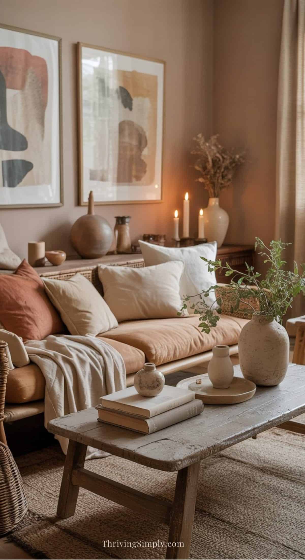 A cozy living room with earthy tones, perfect for Earthy homes, featuring a beige sofa with assorted pillows, a rustic wooden coffee table, books and ceramic vases—candles and dried plants soften a space and add a warm, inviting atmosphere.