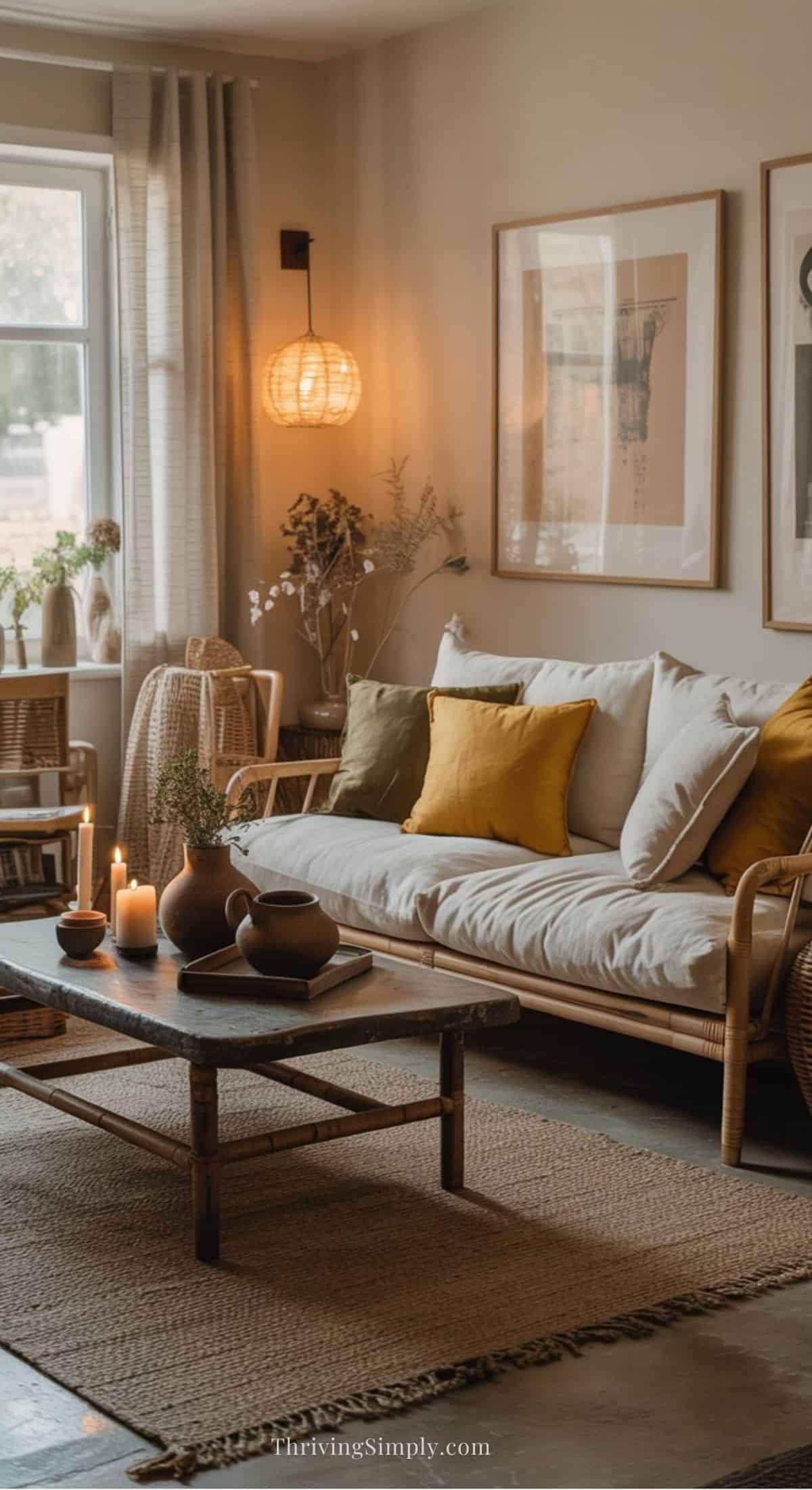 A cozy living room with a rattan sofa, yellow and white pillows, a wooden coffee table with pottery, lit candles, woven rugs, plants, and framed artwork on light-colored walls—warm design ideas to soften a space under a hanging lamp’s glow.