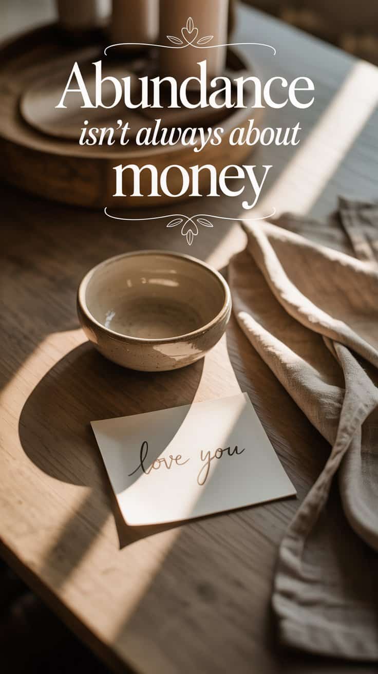 A handwritten “love you” note rests on a wooden table beside a ceramic bowl and cloth napkin, with sunlight streaming in. Overlaid text reads: “Abundance isn’t always about money—true wealth is an abundance mindset.”.