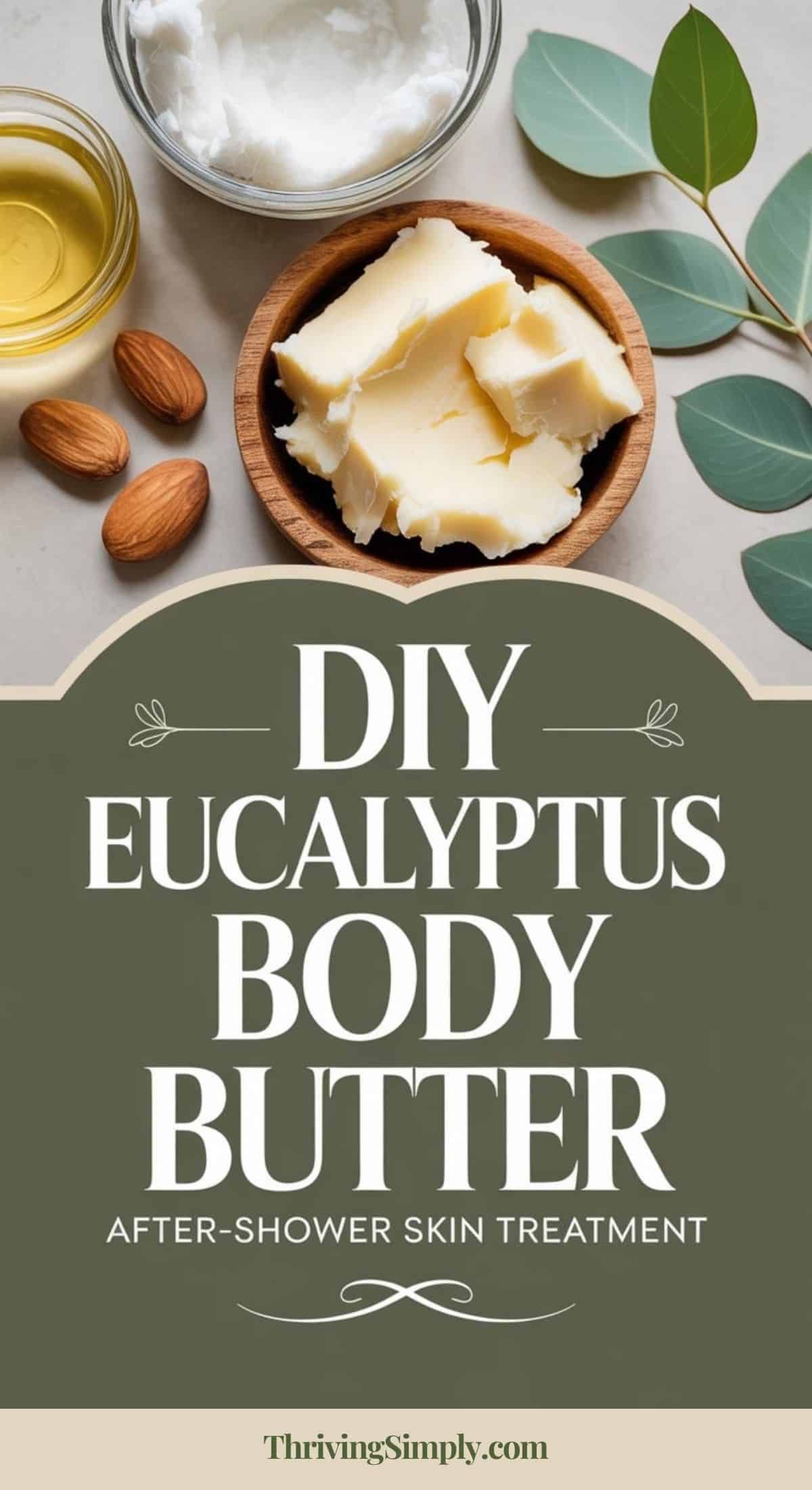 A flat lay of ingredients including shea butter, coconut oil, almonds, and eucalyptus leaves above the text: DIY Eucalyptus Body Butter—After-shower skin treatment for a spa-like finish. ThrivingSimply.com.