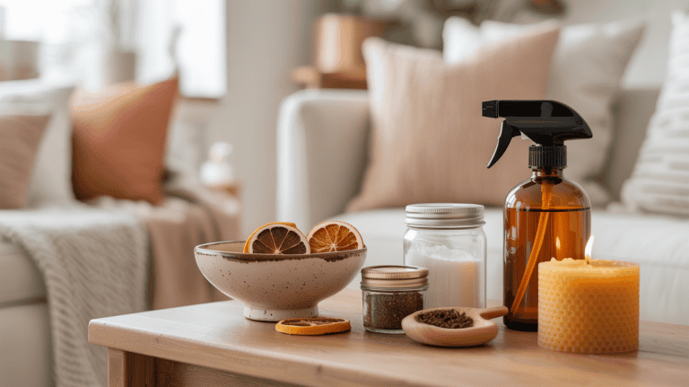A cozy living room with a wooden table holding a bowl of dried citrus, jars, a brown spray bottle, and a lit yellow candle. Cushions on the sofa add to the warmth—creating an inviting space that keeps your home smelling fresh naturally, without harsh sprays.