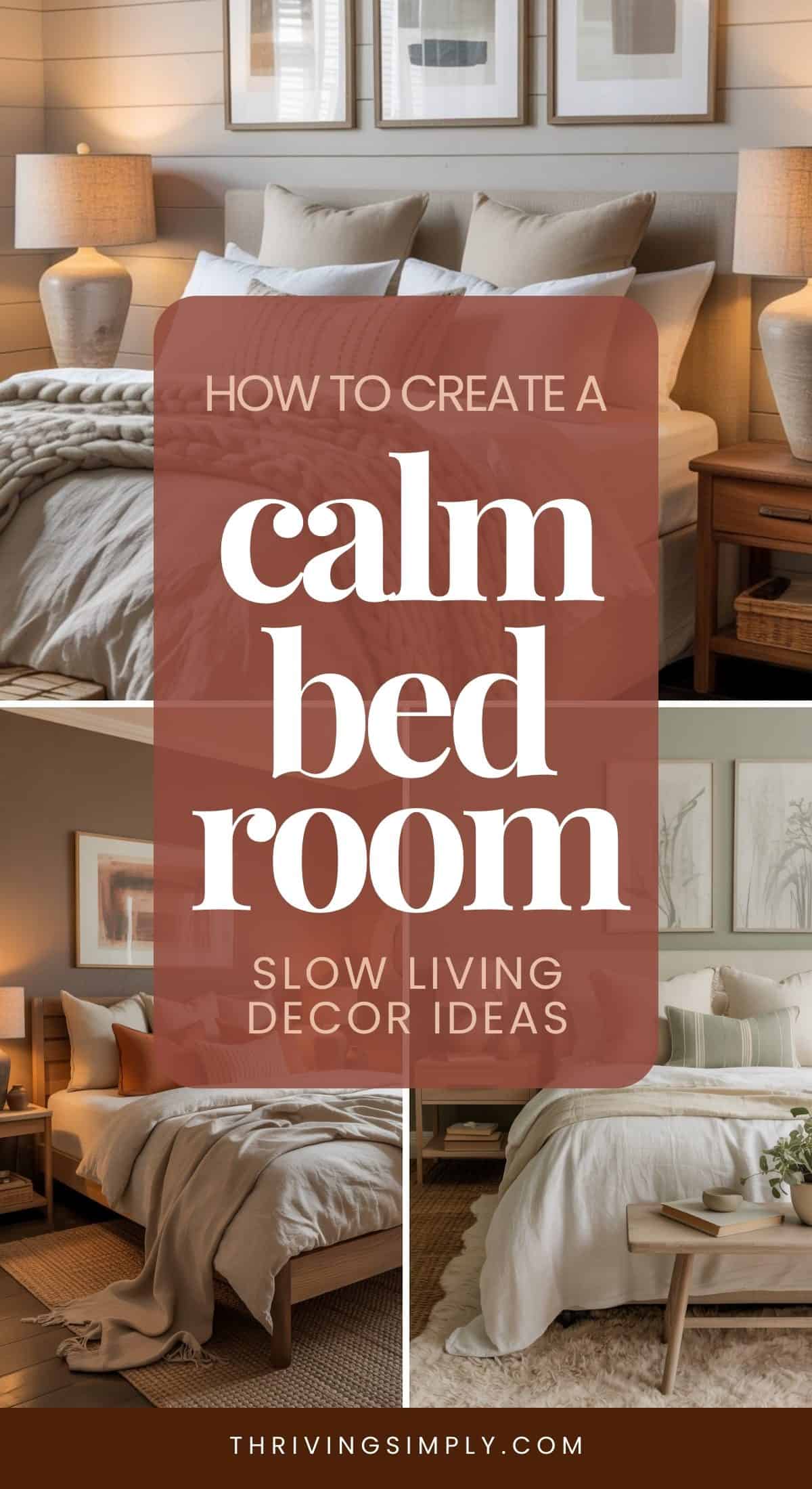 Collage of restful bedrooms with neutral tones, soft bedding, wooden furniture, and warm lighting. Text overlay reads: How to create a calm bedroom—slow living decor ideas. thrivingsimply.com.