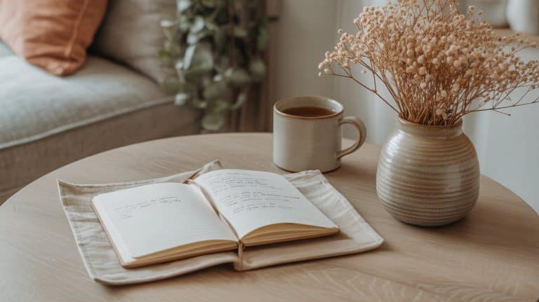 A cozy scene with an open notebook filled with journal prompts, a mug of coffee, and a vase of dried flowers on a round wooden table, offering clarity and comfort when you’re feeling stuck. A sofa and leafy plant rest in the softly lit background.