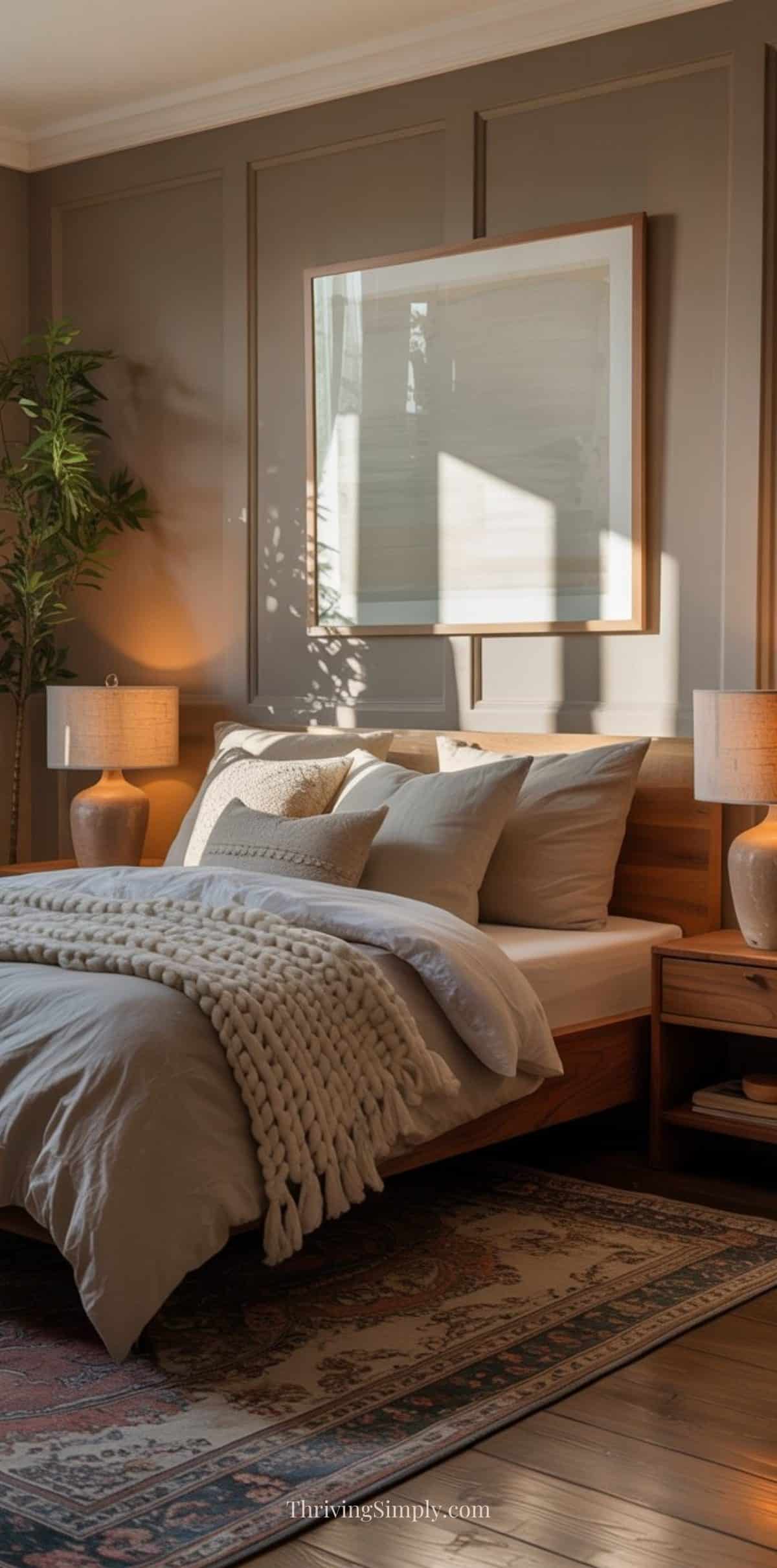 A cozy bedroom with a wooden bed, neutral bedding, chunky knit blanket, and two bedside tables with matching lamps combines restful bedroom design and soft sunlight for an inviting space perfect for sleep.