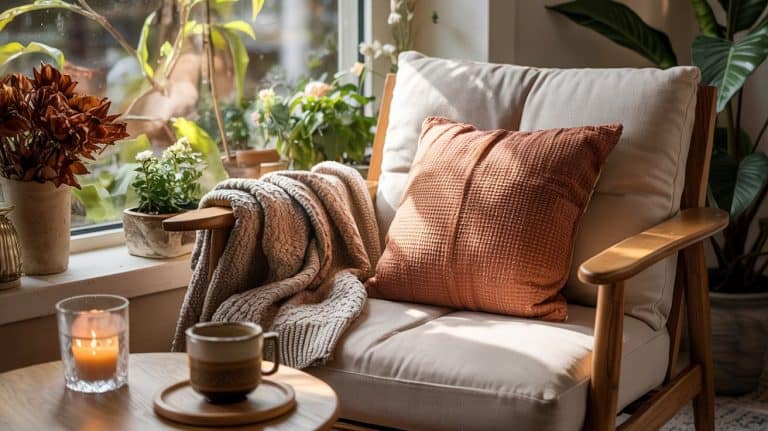 A cozy armchair with a textured rust-colored pillow and a knitted blanket sits by a sunlit window, bringing calm to a small space filled with green plants. A wooden table holds a mug and a lit candle, creating a warm, inviting atmosphere.