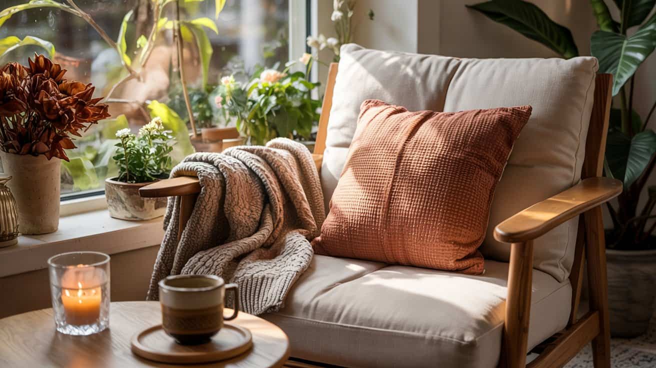 A cozy armchair with a textured rust-colored pillow and a knitted blanket sits by a sunlit window, bringing calm to a small space filled with green plants. A wooden table holds a mug and a lit candle, creating a warm, inviting atmosphere.