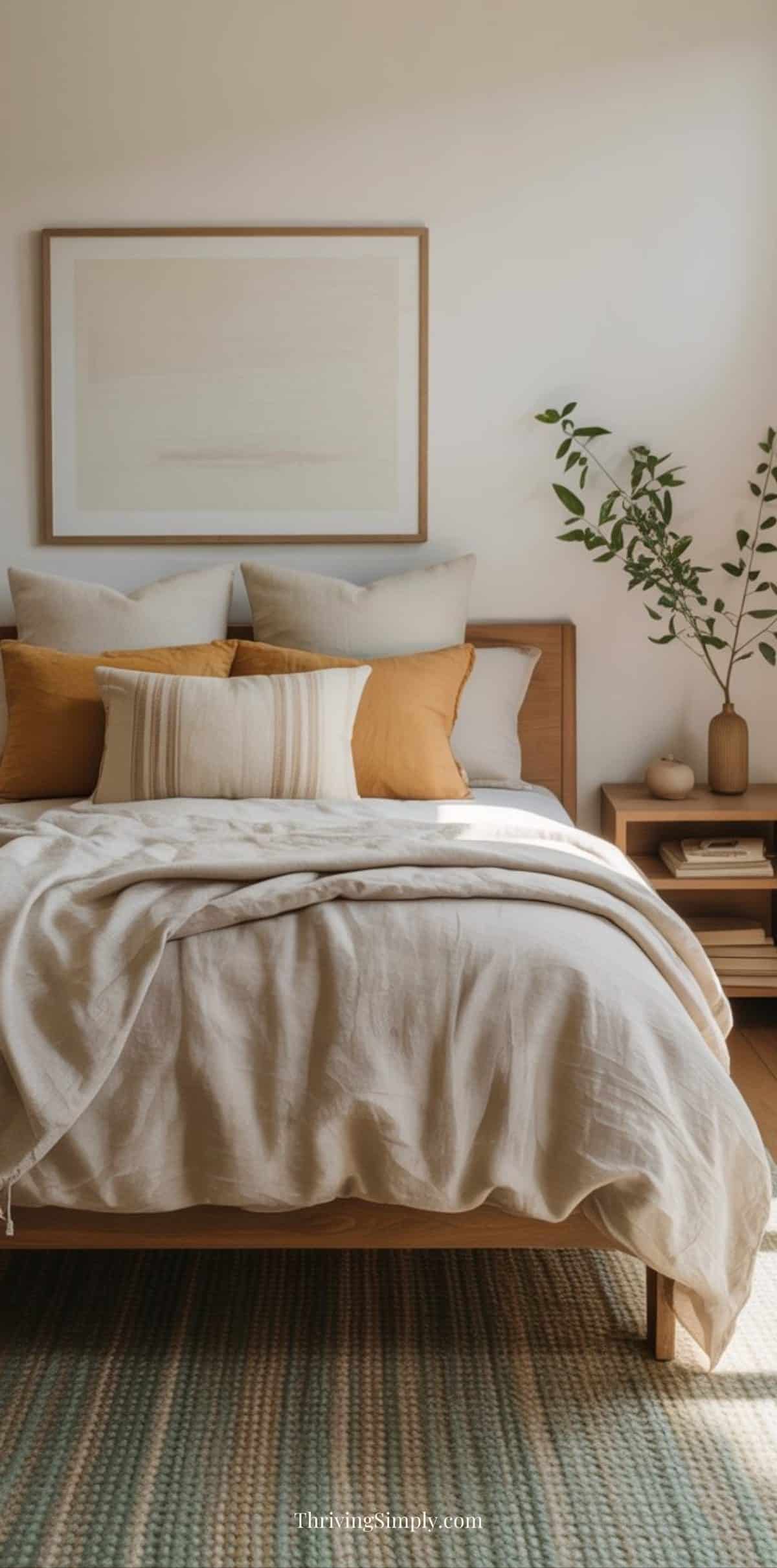 A cozy bedroom design with a wooden bed frame, neutral bedding, mustard accent pillows, framed abstract artwork, a nightstand with books, and a vase with green branches—all bathed in soft natural light for restful bedrooms.