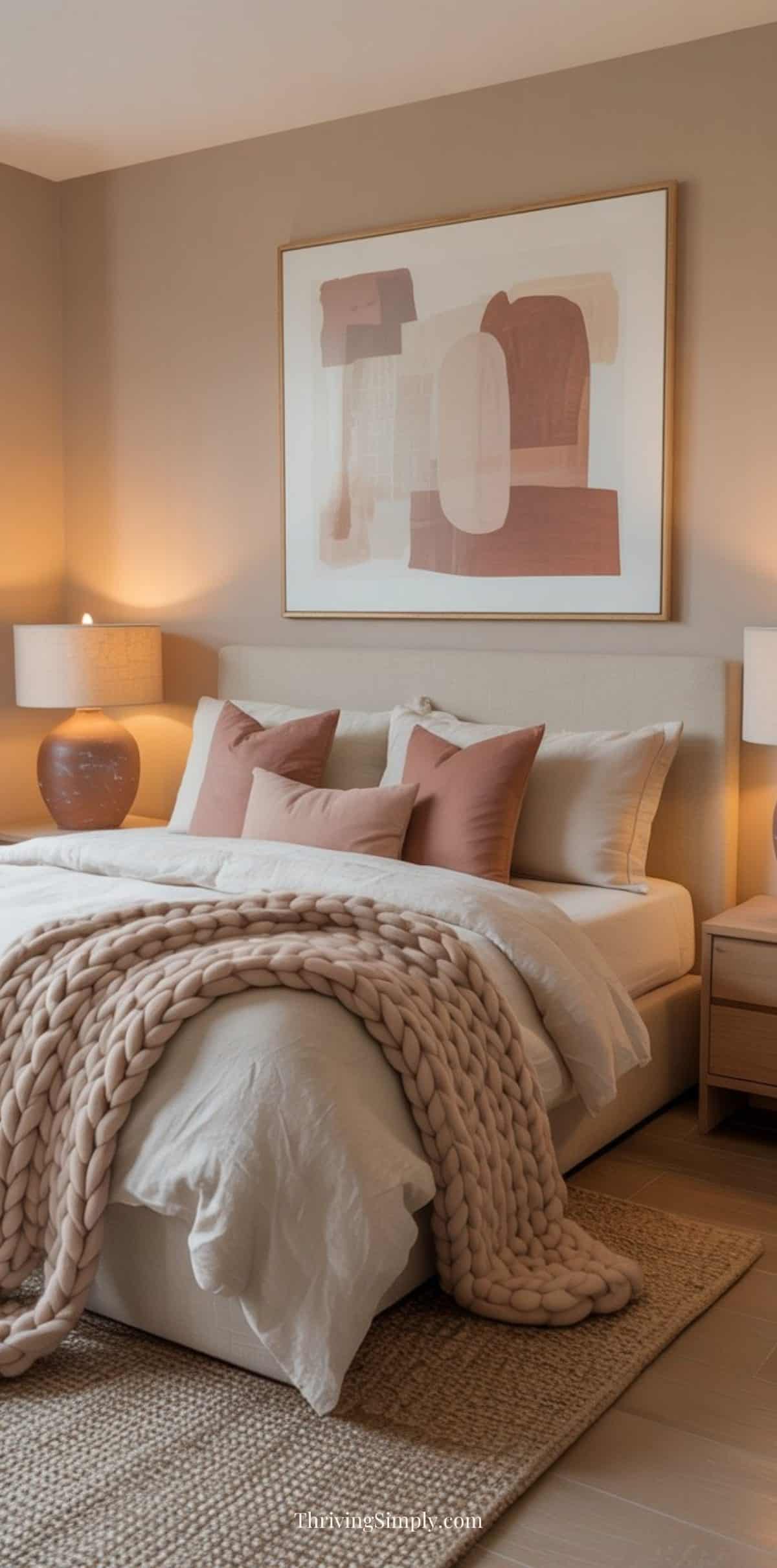 A cozy bedroom design features a neatly made bed with beige and blush pillows, a chunky knit blanket, soft lighting from two bedside lamps, and abstract artwork hanging above the headboard.
