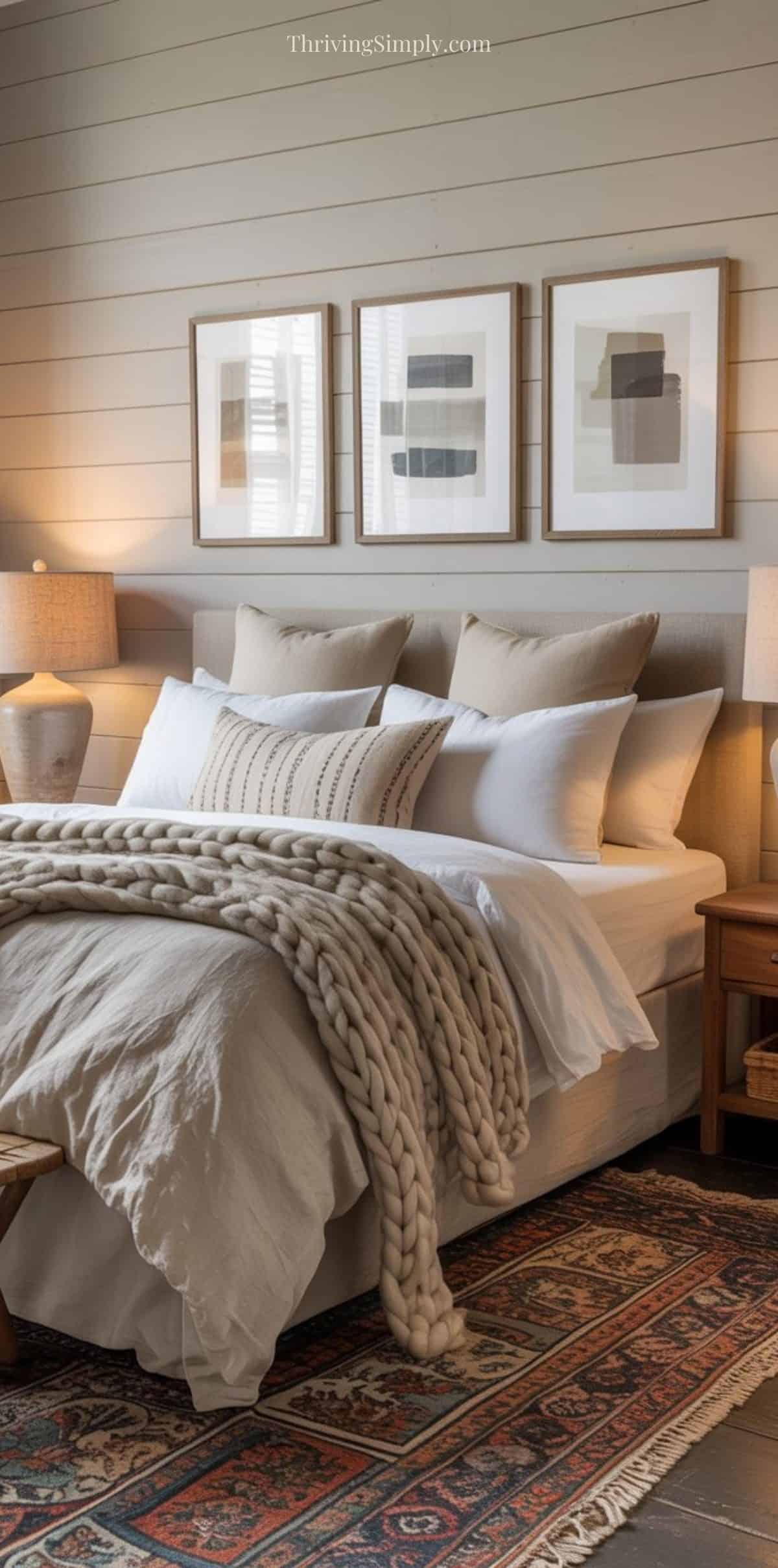 A cozy bedroom design with a neatly made bed featuring neutral pillows and a chunky knit blanket, wooden bedside tables with lamps, and three abstract framed artworks above the bed. A patterned rug completes this restful bedroom decor.