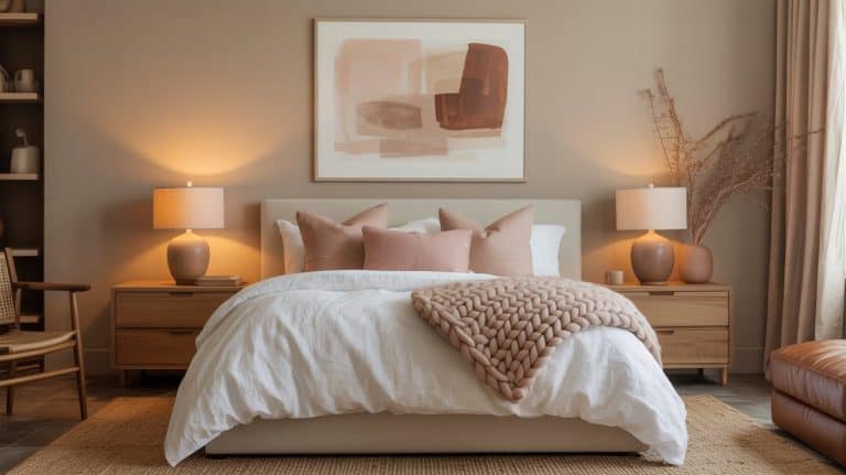 A modern bedroom design with a beige and blush palette, featuring a neatly made bed with white linens and knitted throw, wooden nightstands with matching lamps, abstract wall art, and soft ambient lighting for restful bedrooms.
